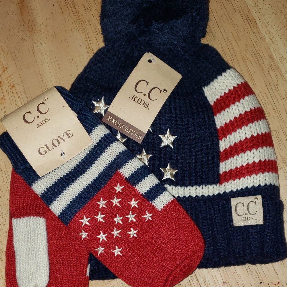 Kid's Beanie and Mitten American Set